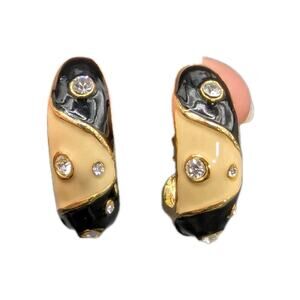 PARK LANE J-hoop Black Cream Enamel Rhinestone Clip On Earrings Vintage